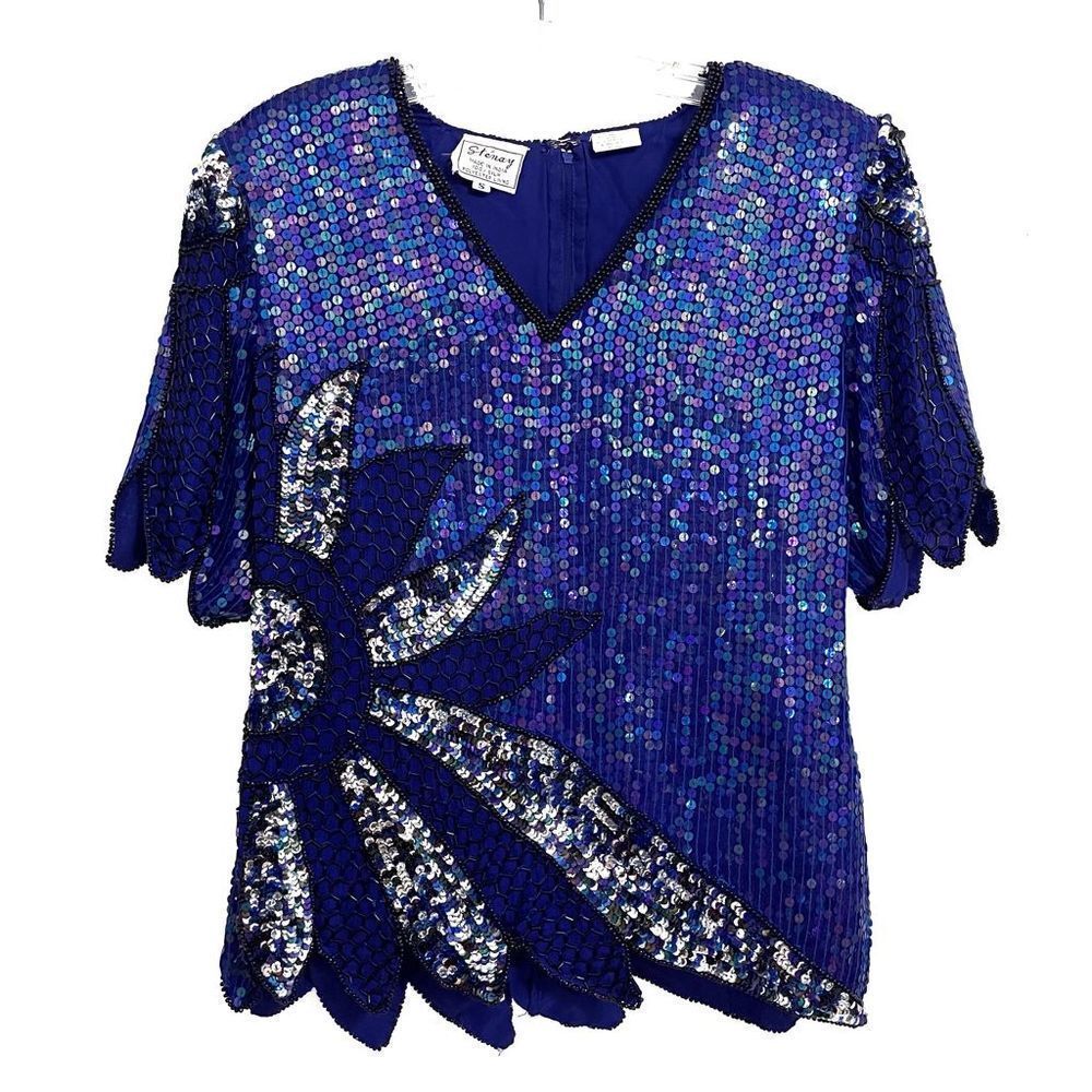 Vintage Stenay Silk Sequin Top V-Neck Short Sleeve Blue Small 80s
